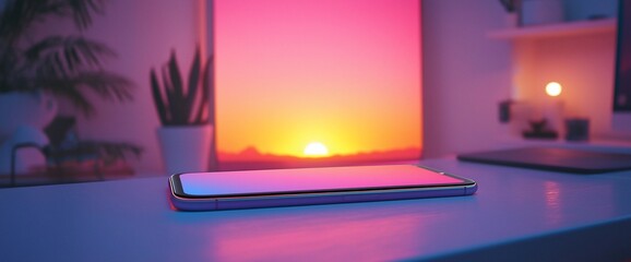Smartphone on desk with sunset view.