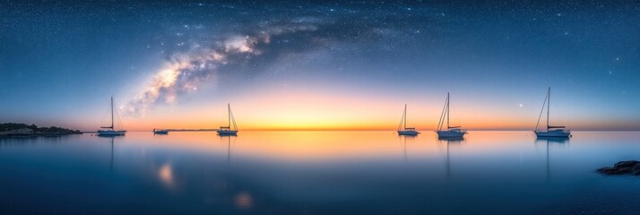 Naklejka premium Panoramic view of sailboats at sunset under the Milky Way.