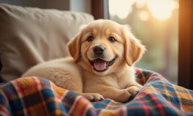 Smiling golden retriever puppy on blanket