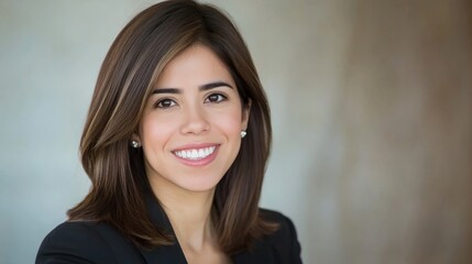 Naklejka premium Headshot: Young happy smiling Spanish businesswoman, female company employee or company manager, confident female entrepreneur looking at the camera while working in the office.