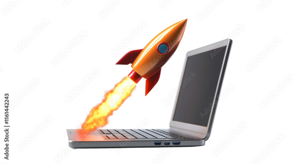 Poster startup concept with a rocket launching from a laptop keyboard with transparent background