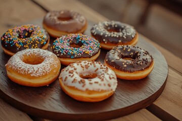 Rustic sufganiyot donuts presented on a wooden table, professionally styled for a festive scene.