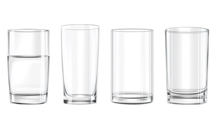Transparent glassware vector illustration, showcasing empty and partially filled drinking glasses against neutral backdrop