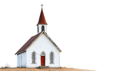 Small white church with red roof and steeple isolated on transparent background, ideal for religious or architectural projects