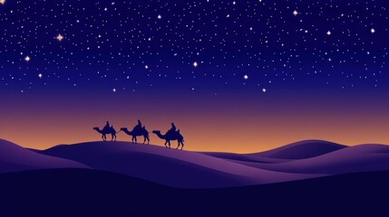 Three Wise Men silhouettes on camels travel across desert dunes under a starry night sky.