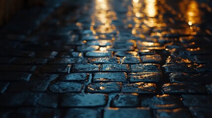 Obraz premium Wet cobblestone street at night, illuminated by warm streetlights.