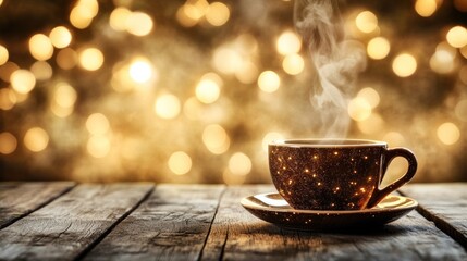 Fototapeta premium Steaming cup of coffee on rustic wooden table with bokeh lights.