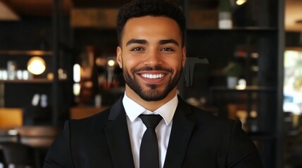 Fototapeta premium Headshot: Young happy smiling Spanish businesswoman, female company employee or company manager, confident female entrepreneur looking at the camera while working in the office.