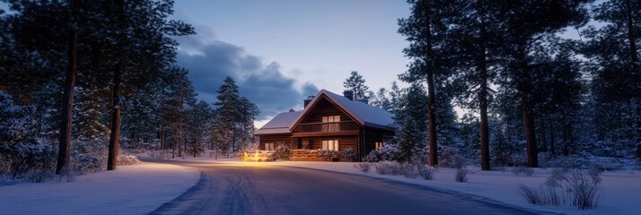 Obraz premium Cozy cabin nestled in a snow-covered pine forest at twilight.