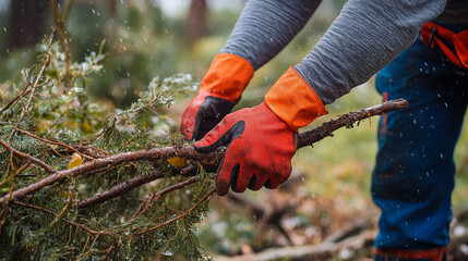 Man Clearing Storm Debris in Red Safety Gloves Shows Strength and Resilience
