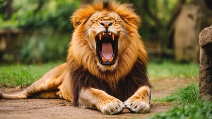 Obraz premium Majestic male lion yawning widely, lying on the ground in a grassy area.