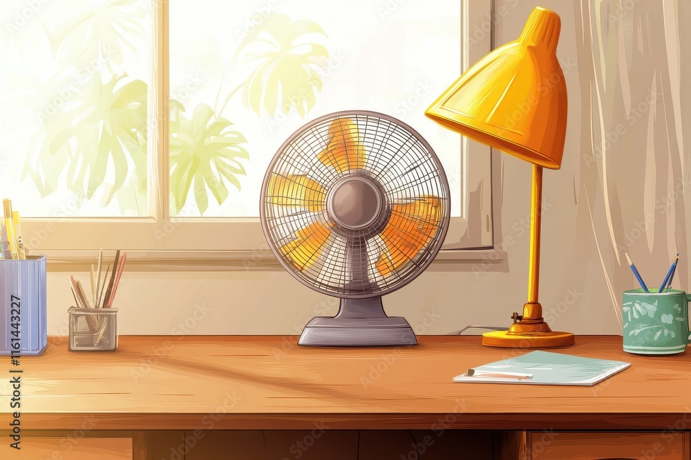 Poster A cozy workspace featuring a fan and a desk lamp, illuminated by soft sunlight filtering through the window.