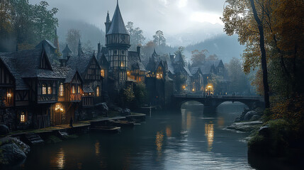 Fototapeta premium Ethereal Medieval Fantasy Village by Misty River with Bridge and Stone Houses
