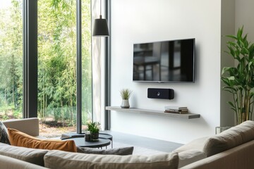 Modern living room with a cozy sofa, sleek TV, and large windows showcasing greenery.