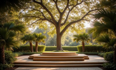 Majestic tree in a serene garden setting