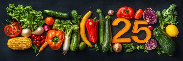 Vibrant assortment of fresh vegetables arranged with the number 25.