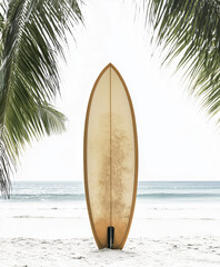 Surfboard on beach isolated on white background