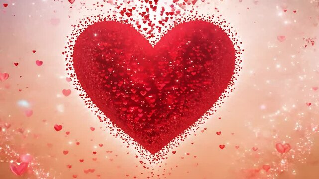 Czerwone serca w formie cząsteczek układają się w jedno duże serce, symbolizując miłość i zjednoczenie, idealne na Walentynki.
