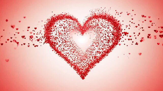 Czerwone serca w formie cząsteczek układają się w jedno duże serce, symbolizując miłość i zjednoczenie, idealne na Walentynki.
