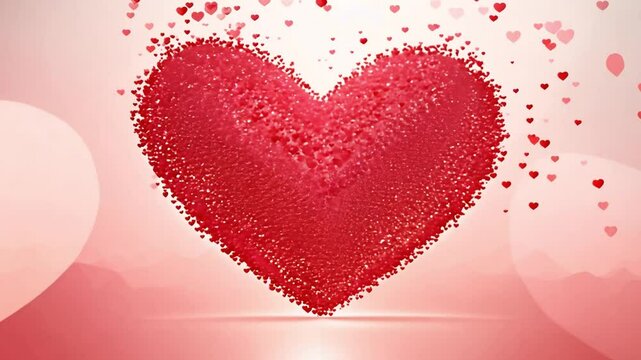 Czerwone serca w formie cząsteczek układają się w jedno duże serce, symbolizując miłość i zjednoczenie, idealne na Walentynki.
