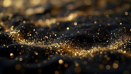 Mesmerizing Golden Glitter on Black Velvet, Luxurious Abstract Background with Shimmering Mosaic Effect