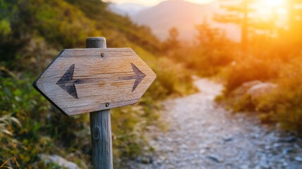 Wooden signpost with two arrows pointing left and right on a mountain trail at sunset.