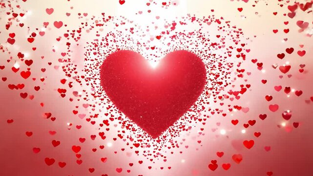 Czerwone serca w formie cząsteczek układają się w jedno duże serce, symbolizując miłość i zjednoczenie, idealne na Walentynki.
