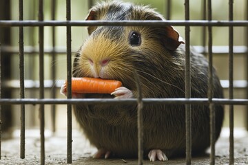 Obraz premium A cute guinea pig holding a carrot, framed by the bars of its cage, showcasing its soft fur and curious expression.