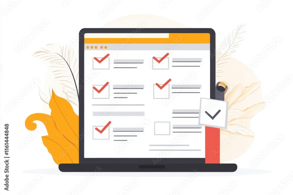 Poster a modern laptop screen displaying a checklist with red checks, symbolizing task completion and effic
