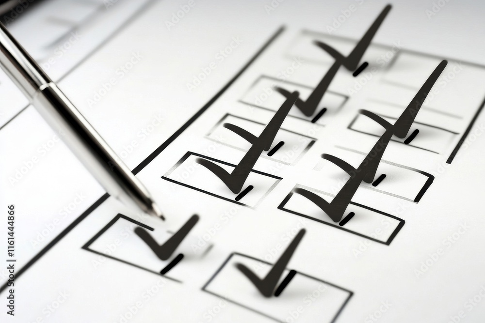 Poster close-up of a pen next to a checklist with multiple completed items, symbolizing productivity and or