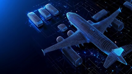 3D airplane and cars in a hangar Top view with low poly wireframe mesh Starry sky effect in dark blue vector