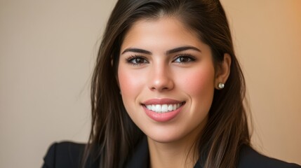 Naklejka premium Headshot: Young happy smiling Spanish businesswoman, female company employee or company manager, confident female entrepreneur looking at the camera while working in the office.