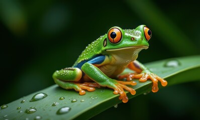 Vibrant green frog on a leaf