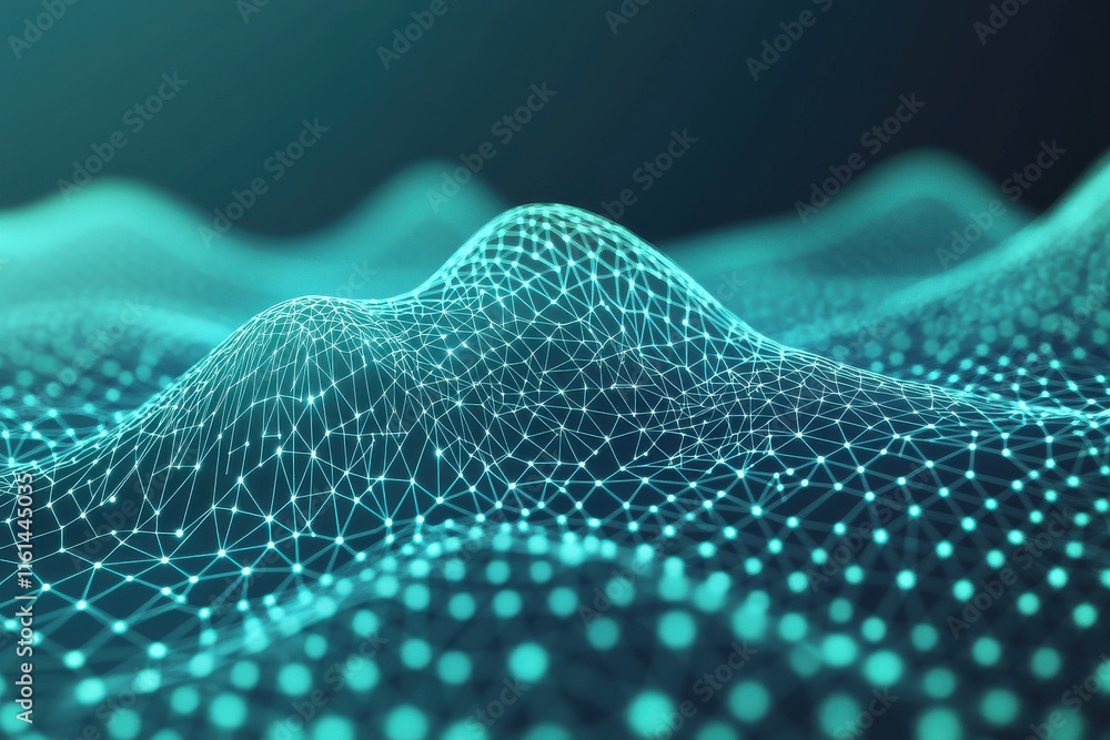 Poster abstract 3d representation of a digital landscape, featuring a network of glowing blue nodes and lin