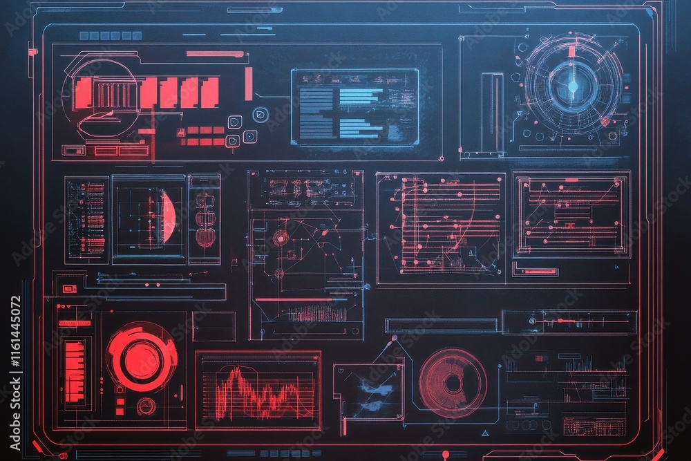 Poster futuristic digital dashboard with red and blue holographic displays showcasing data analytics and vi