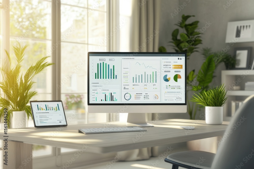 Poster modern workspace with a sleek desktop and tablet displaying data analytics charts featuring green an