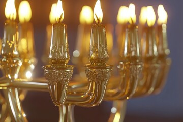 Golden Hanukkah menorah with lit candles symbolizing the festival��s light and miracles.
