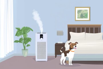 A cheerful brown and white dog stands beside an air purifier in a serene bedroom setting.
