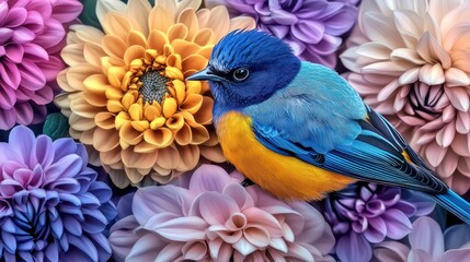 Fototapeta premium Vibrant blue bird nestled amongst pastel dahlias.