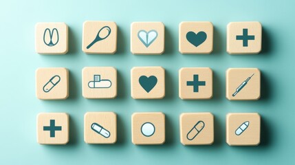 Health insurance and medical care concept.  A set of wooden blocks displaying health-related icons, medical care, health insurance, and medication.  healthcare services, protection, insurance coverage