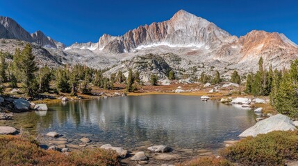 Fototapeta premium Majestic mountain reflected in serene alpine lake.