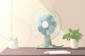 A vintage-style fan set against a warm, minimalistic backdrop, enhancing the cozy atmosphere of the space.