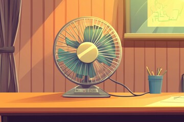 A vintage desk fan on a wooden table, surrounded by a potted plant and stationery in a cozy room.