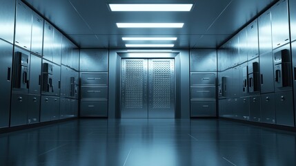 Fototapeta premium Futuristic metallic corridor with double doors and storage units.