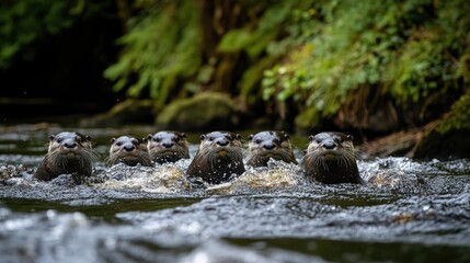 Seven otters swimming in a river, looking forward.