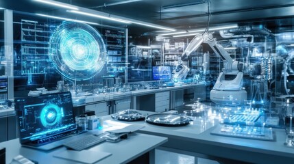 Futuristic smart lab with robotic arm, holographic displays, and advanced technology.