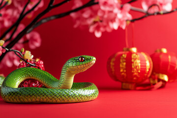 Fototapeta premium Cute green snake, Chinese New Year celebration, orchid flower, red China lantern, red background, room for text