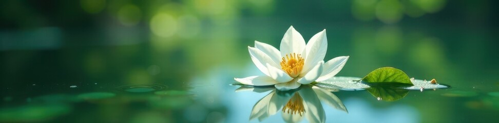 Delicate white orchid floating on the surface of a serene water body, lake, calm, bloom