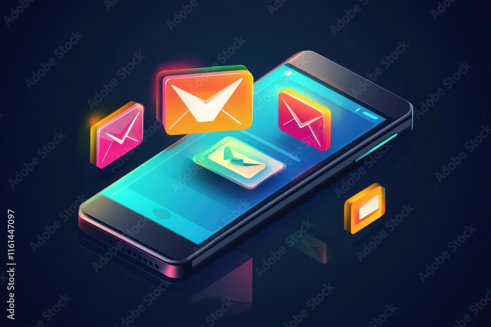 Poster a vibrant smartphone displaying colorful email notifications, representing modern communication tech