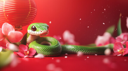 Fototapeta premium Cute green snake, Chinese New Year celebration, orchid flower, red China lantern, red background, room for text